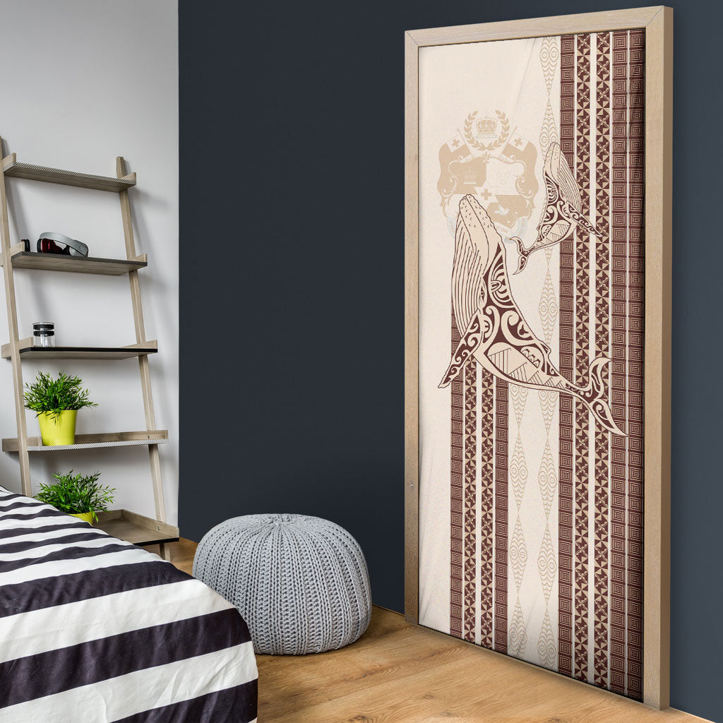 Swimming With Humpback Whales Season Tonga Door Cover Tongan Tofuaa Ngatu Pattern Brown LT14 - Polynesian Pride
