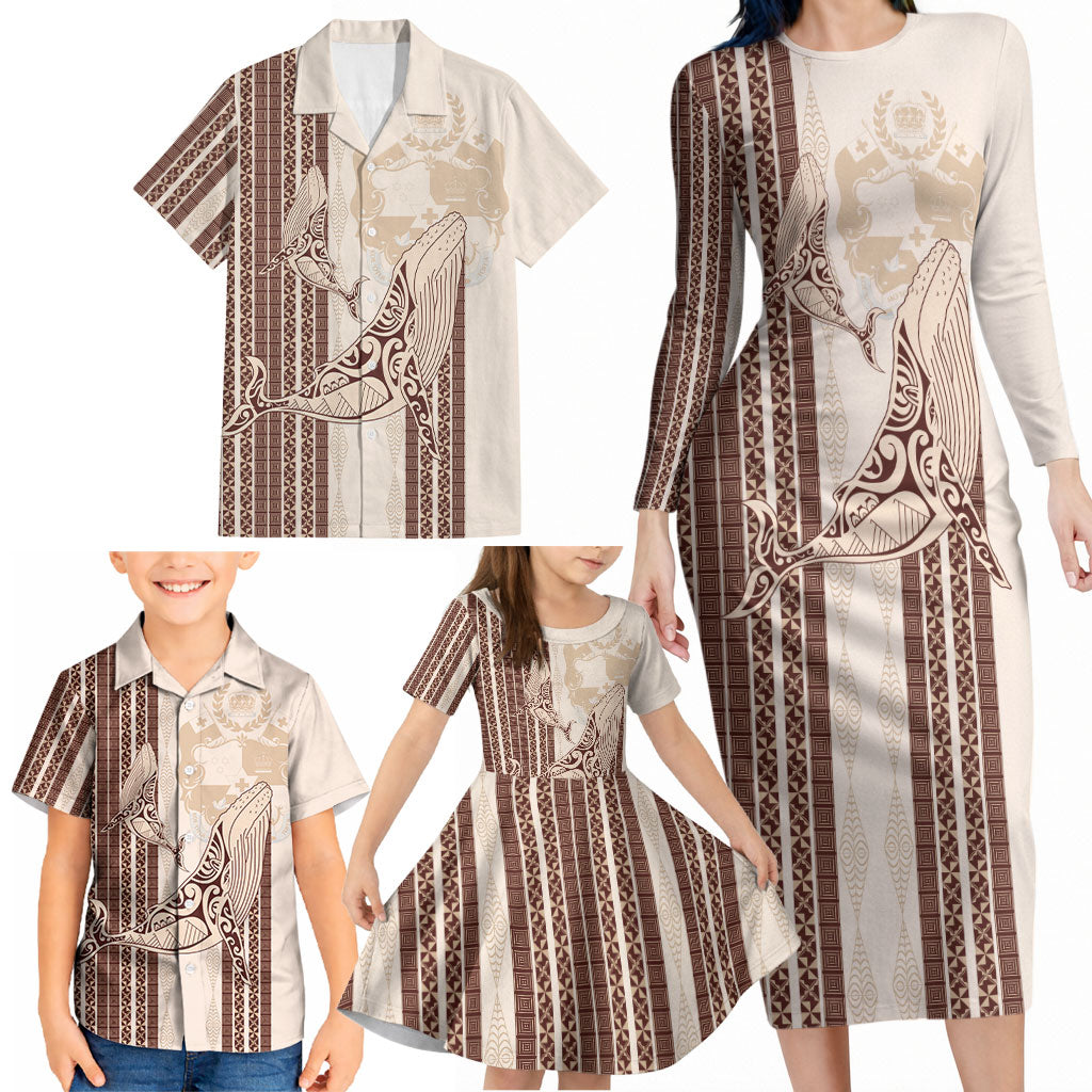 Swimming With Humpback Whales Season Tonga Family Matching Long Sleeve Bodycon Dress and Hawaiian Shirt Tongan Tofuaa Ngatu Pattern Brown LT14 - Polynesian Pride