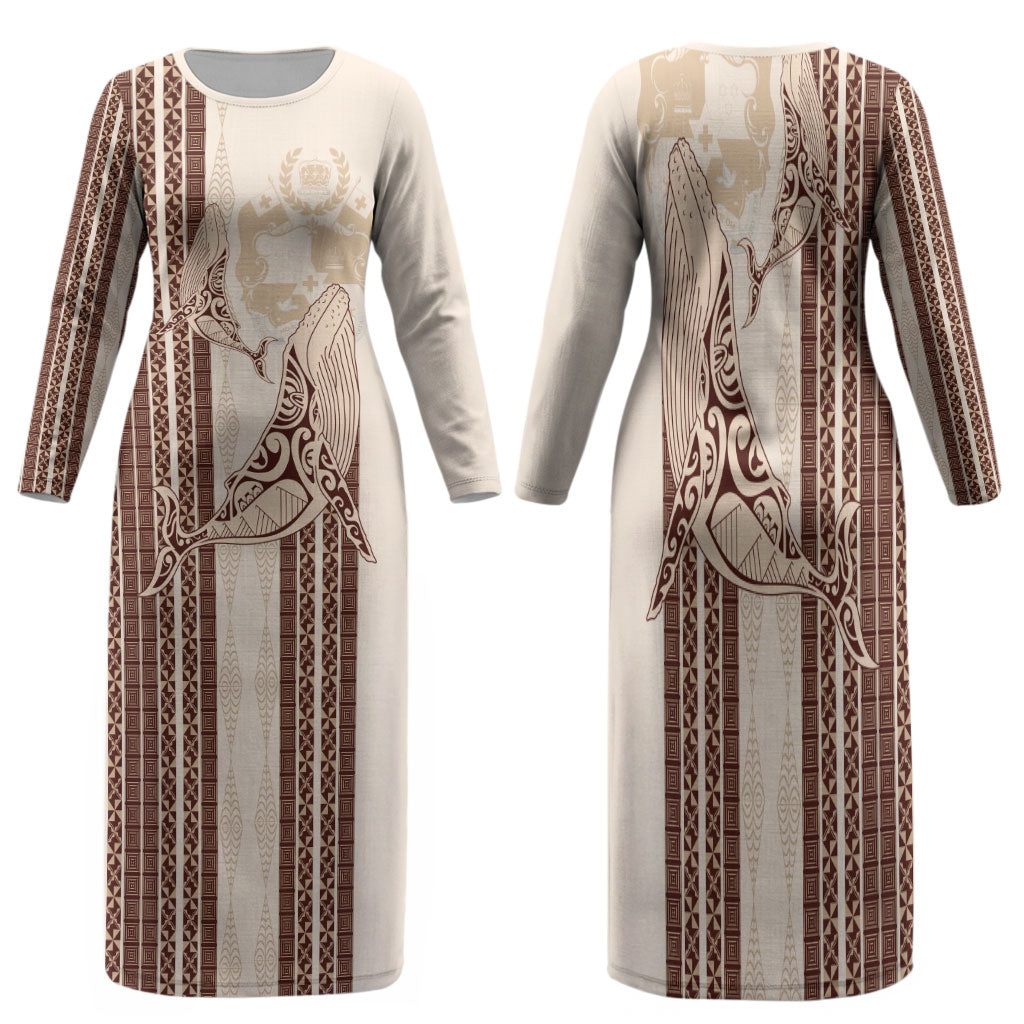 Swimming With Humpback Whales Season Tonga Family Matching Long Sleeve Bodycon Dress and Hawaiian Shirt Tongan Tofuaa Ngatu Pattern Brown LT14 Mom's Dress Brown - Polynesian Pride