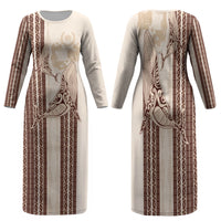 Swimming With Humpback Whales Season Tonga Family Matching Long Sleeve Bodycon Dress and Hawaiian Shirt Tongan Tofuaa Ngatu Pattern Brown LT14 Mom's Dress Brown - Polynesian Pride