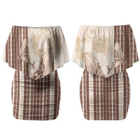 Swimming With Humpback Whales Season Tonga Family Matching Off Shoulder Short Dress and Hawaiian Shirt Tongan Tofuaa Ngatu Pattern Brown LT14 Mom's Dress Brown - Polynesian Pride