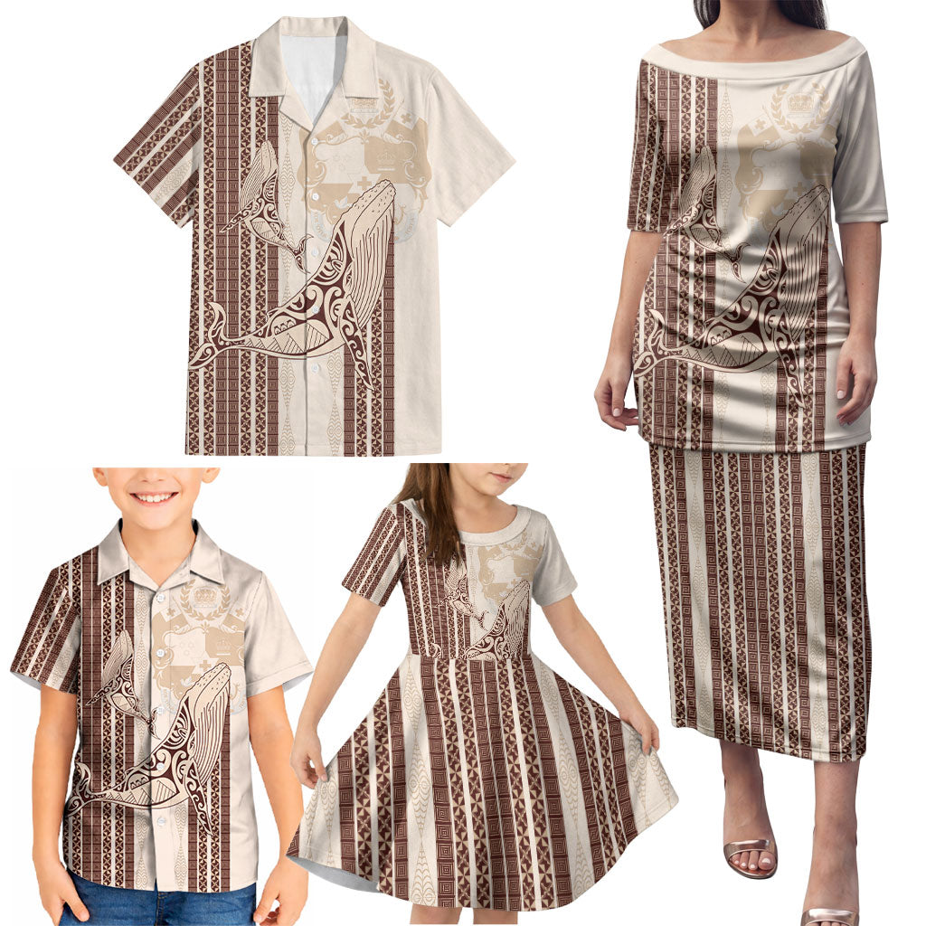 Swimming With Humpback Whales Season Tonga Family Matching Puletasi and Hawaiian Shirt Tongan Tofuaa Ngatu Pattern Brown LT14 - Polynesian Pride