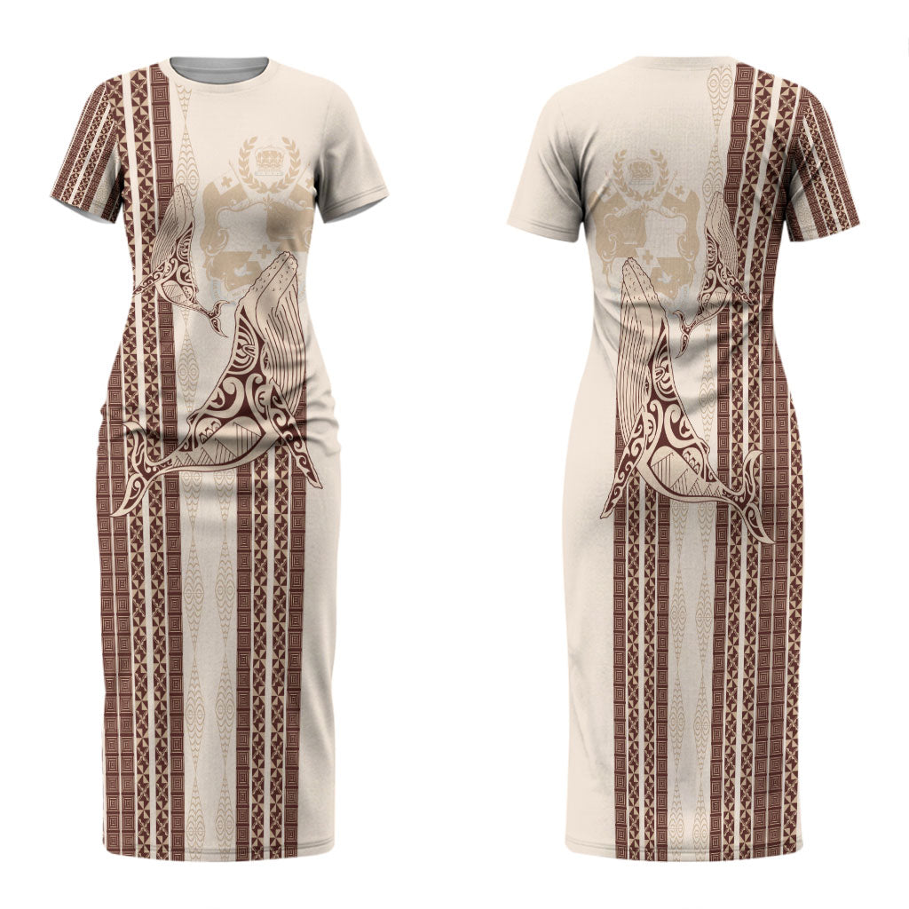 Swimming With Humpback Whales Season Tonga Family Matching Short Sleeve Bodycon Dress and Hawaiian Shirt Tongan Tofuaa Ngatu Pattern Brown LT14 Mom's Dress Brown - Polynesian Pride