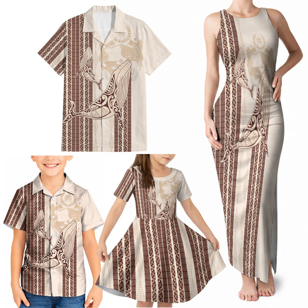 Swimming With Humpback Whales Season Tonga Family Matching Tank Maxi Dress and Hawaiian Shirt Tongan Tofuaa Ngatu Pattern Brown LT14 - Polynesian Pride