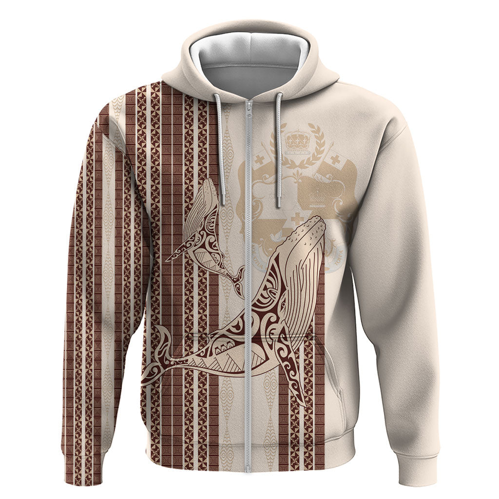 Swimming With Humpback Whales Season Tonga Hoodie Tongan Tofuaa Ngatu Pattern Brown LT14 Zip Hoodie Brown - Polynesian Pride