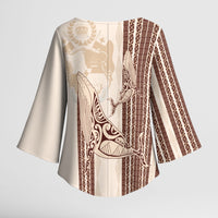 Swimming With Humpback Whales Season Tonga Kimono Sleeve Blouse Tongan Tofuaa Ngatu Pattern Brown LT14 - Polynesian Pride