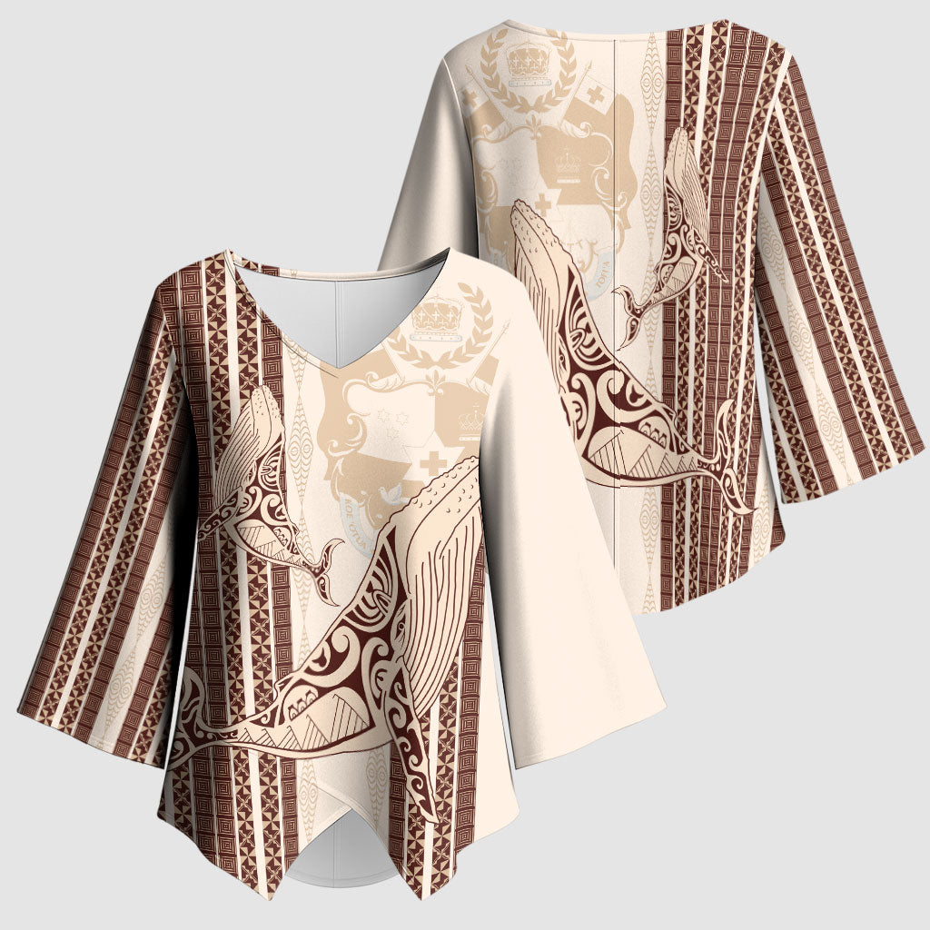 Swimming With Humpback Whales Season Tonga Kimono Sleeve Blouse Tongan Tofuaa Ngatu Pattern Brown LT14 - Polynesian Pride