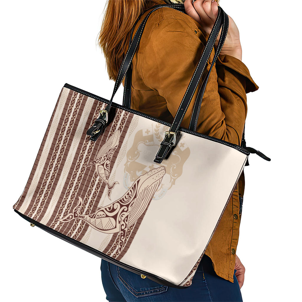 Swimming With Humpback Whales Season Tonga Leather Tote Bag Tongan Tofuaa Ngatu Pattern Brown LT14 - Polynesian Pride