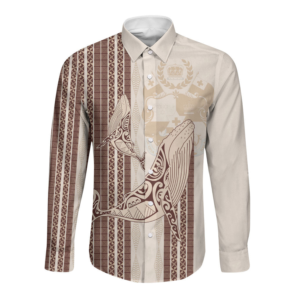 Swimming With Humpback Whales Season Tonga Long Sleeve Button Shirt Tongan Tofuaa Ngatu Pattern Brown LT14 Unisex Brown - Polynesian Pride