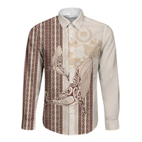 Swimming With Humpback Whales Season Tonga Long Sleeve Button Shirt Tongan Tofuaa Ngatu Pattern Brown LT14 Unisex Brown - Polynesian Pride