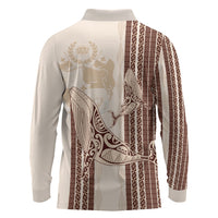 Swimming With Humpback Whales Season Tonga Long Sleeve Polo Shirt Tongan Tofuaa Ngatu Pattern Brown LT14 - Polynesian Pride