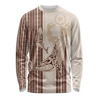 Swimming With Humpback Whales Season Tonga Long Sleeve Shirt Tongan Tofuaa Ngatu Pattern Brown LT14 Unisex Brown - Polynesian Pride
