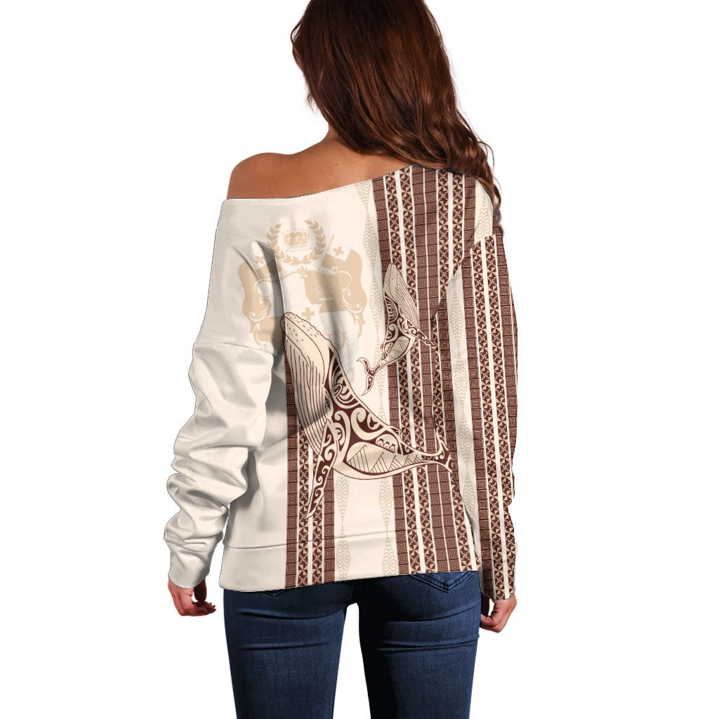 Swimming With Humpback Whales Season Tonga Off Shoulder Sweater Tongan Tofuaa Ngatu Pattern Brown LT14 - Polynesian Pride