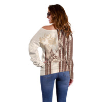 Swimming With Humpback Whales Season Tonga Off Shoulder Sweater Tongan Tofuaa Ngatu Pattern Brown LT14 - Polynesian Pride