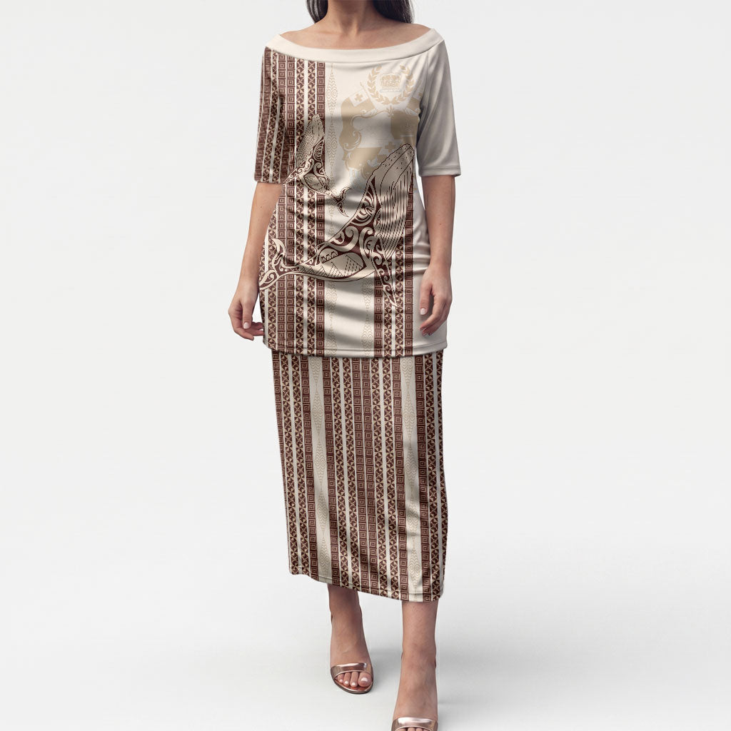 Swimming With Humpback Whales Season Tonga Puletasi Tongan Tofuaa Ngatu Pattern Brown LT14 Long Dress Brown - Polynesian Pride