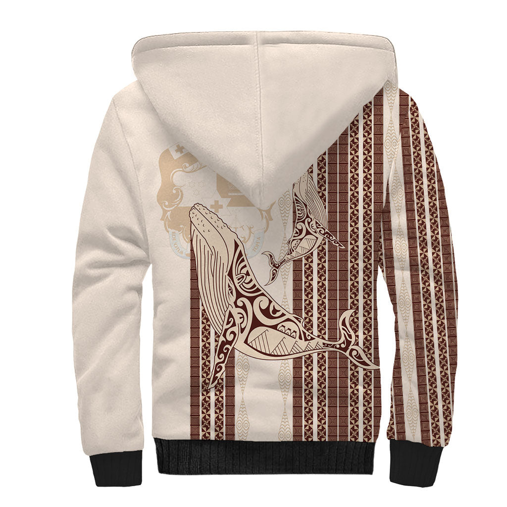 Swimming With Humpback Whales Season Tonga Sherpa Hoodie Tongan Tofuaa Ngatu Pattern Brown LT14 - Polynesian Pride