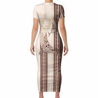 Swimming With Humpback Whales Season Tonga Short Sleeve Bodycon Dress Tongan Tofuaa Ngatu Pattern Brown LT14 - Polynesian Pride
