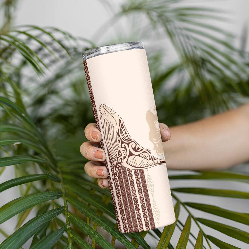 Swimming With Humpback Whales Season Tonga Skinny Tumbler Tongan Tofuaa Ngatu Pattern Brown LT14 - Polynesian Pride