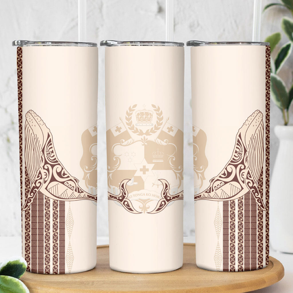 Swimming With Humpback Whales Season Tonga Skinny Tumbler Tongan Tofuaa Ngatu Pattern Brown LT14 - Polynesian Pride