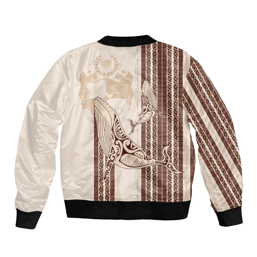Swimming With Humpback Whales Season Tonga Sleeve Zip Bomber Jacket Tongan Tofuaa Ngatu Pattern Brown LT14 - Polynesian Pride
