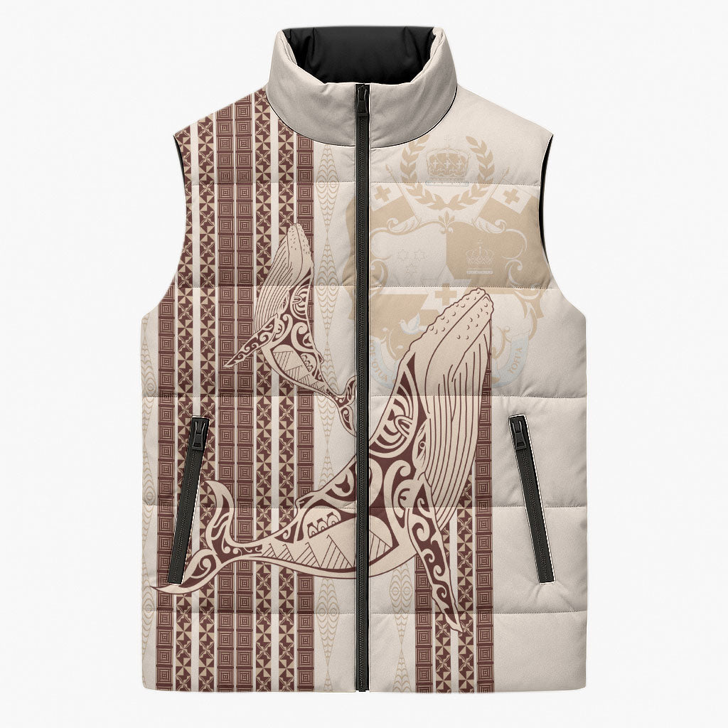 Swimming With Humpback Whales Season Tonga Sleeveless Puffer Jacket Tongan Tofuaa Ngatu Pattern Brown LT14 Unisex Brown - Polynesian Pride