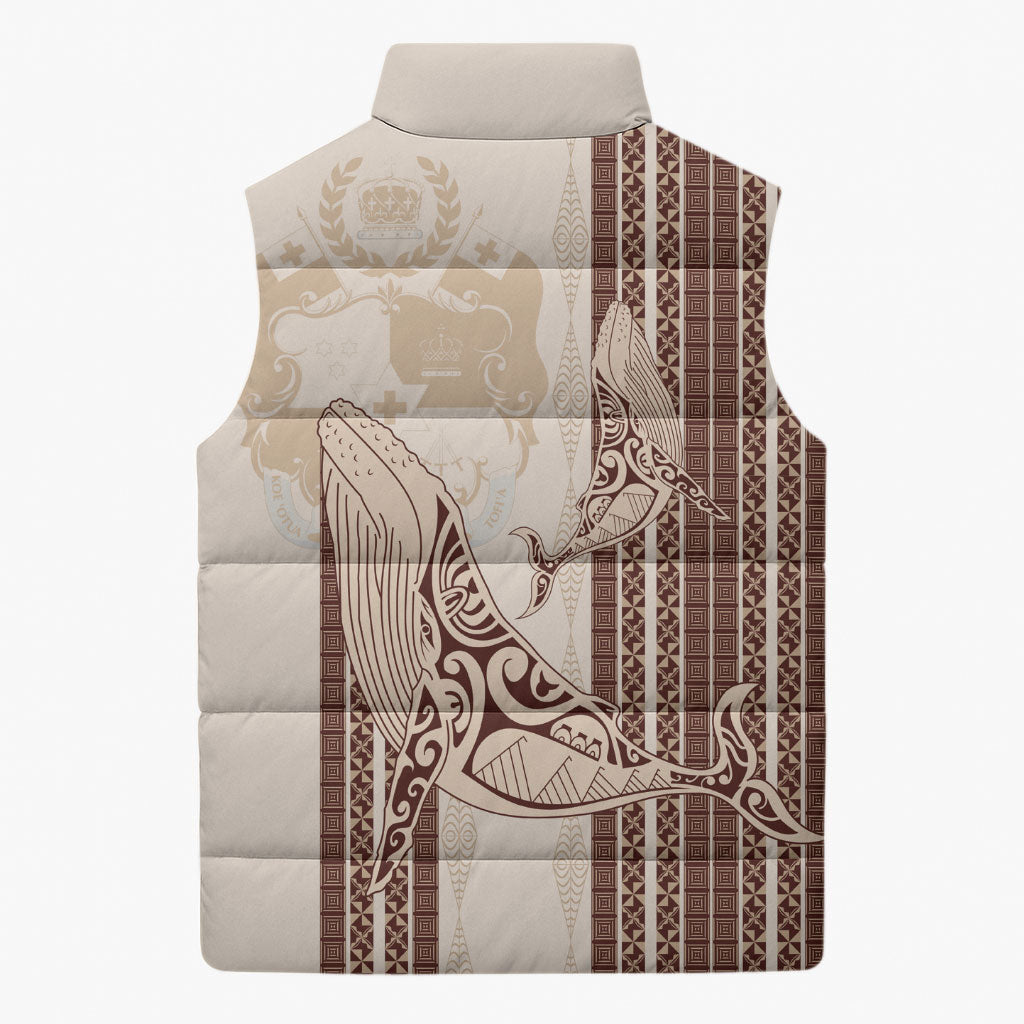 Swimming With Humpback Whales Season Tonga Sleeveless Puffer Jacket Tongan Tofuaa Ngatu Pattern Brown LT14 - Polynesian Pride