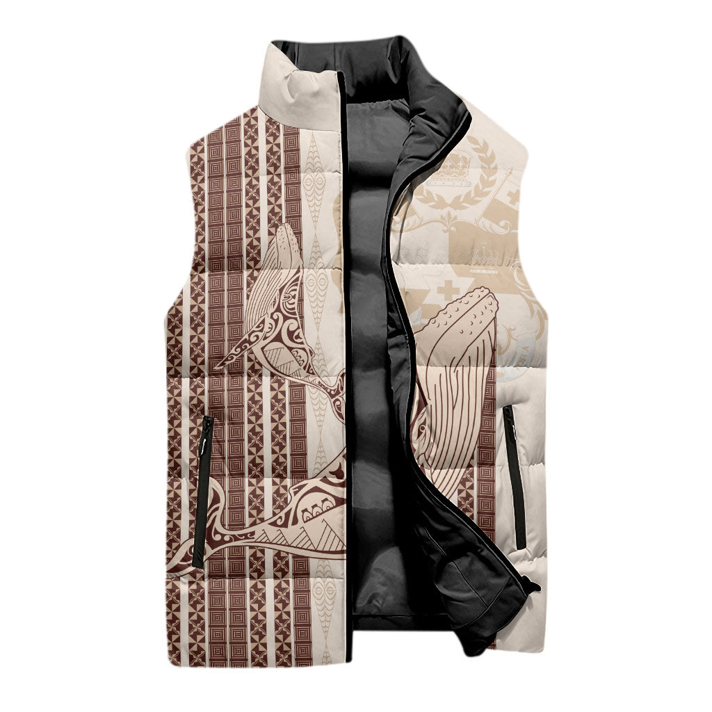 Swimming With Humpback Whales Season Tonga Sleeveless Puffer Jacket Tongan Tofuaa Ngatu Pattern Brown LT14 - Polynesian Pride