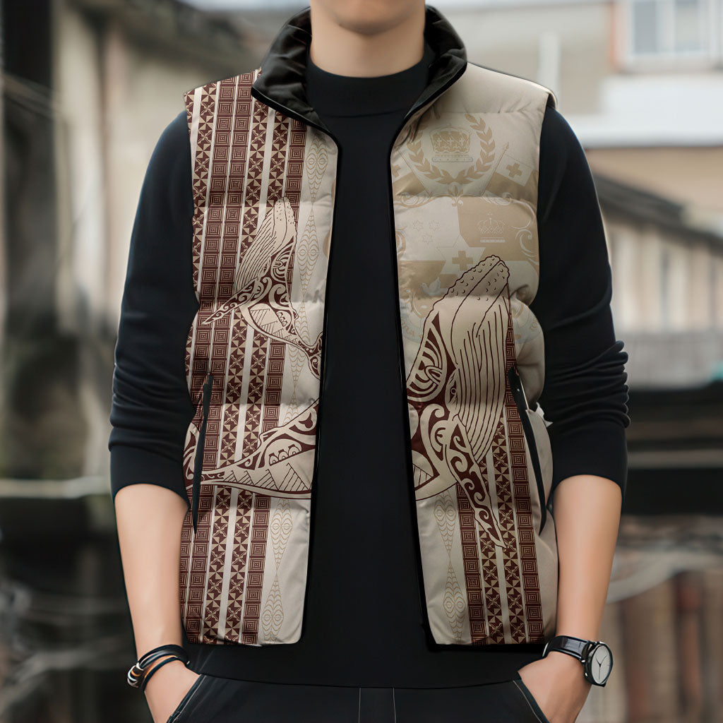 Swimming With Humpback Whales Season Tonga Sleeveless Puffer Jacket Tongan Tofuaa Ngatu Pattern Brown LT14 - Polynesian Pride