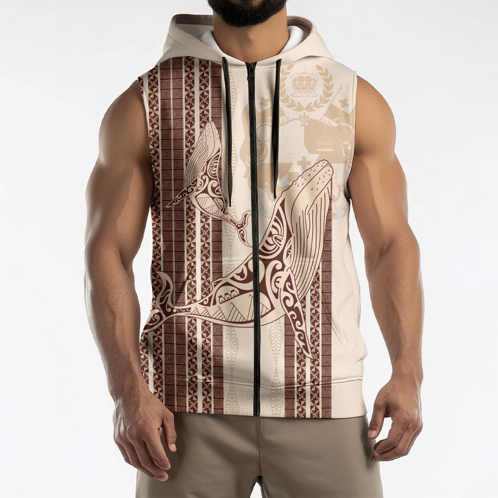 Swimming With Humpback Whales Season Tonga Sleeveless Zip Hoodie Tongan Tofuaa Ngatu Pattern Brown LT14 - Polynesian Pride