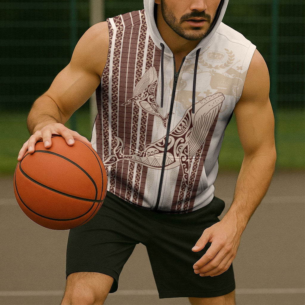 Swimming With Humpback Whales Season Tonga Sleeveless Zip Hoodie Tongan Tofuaa Ngatu Pattern Brown LT14 - Polynesian Pride