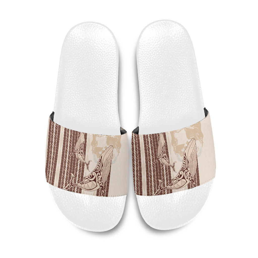 Swimming With Humpback Whales Season Tonga Slide Sandals Tongan Tofuaa Ngatu Pattern Brown LT14 Brown - Polynesian Pride