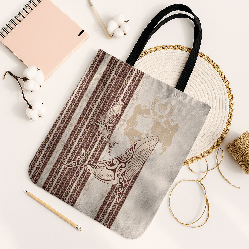 Swimming With Humpback Whales Season Tonga Tote Bag Tongan Tofuaa Ngatu Pattern Brown LT14 Black Strap One Size Brown - Polynesian Pride