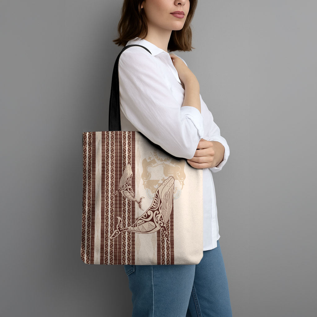 Swimming With Humpback Whales Season Tonga Tote Bag Tongan Tofuaa Ngatu Pattern Brown LT14 - Polynesian Pride