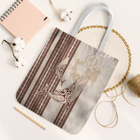 Swimming With Humpback Whales Season Tonga Tote Bag Tongan Tofuaa Ngatu Pattern Brown LT14 White Strap One Size Brown - Polynesian Pride