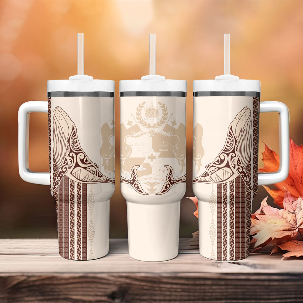 Swimming With Humpback Whales Season Tonga Tumbler With Handle Tongan Tofuaa Ngatu Pattern Brown LT14 - Polynesian Pride