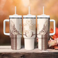 Swimming With Humpback Whales Season Tonga Tumbler With Handle Tongan Tofuaa Ngatu Pattern Brown LT14 - Polynesian Pride