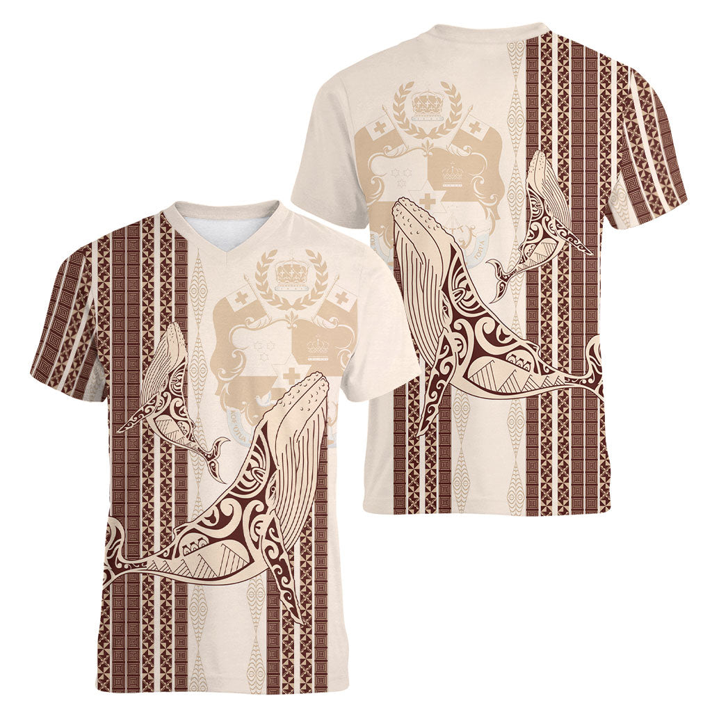 Swimming With Humpback Whales Season Tonga Women V-Neck T-Shirt Tongan Tofuaa Ngatu Pattern Brown LT14 - Polynesian Pride