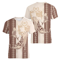 Swimming With Humpback Whales Season Tonga Women V-Neck T-Shirt Tongan Tofuaa Ngatu Pattern Brown LT14 - Polynesian Pride