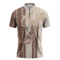 Swimming With Humpback Whales Season Tonga Zipper Polo Shirt Tongan Tofuaa Ngatu Pattern Brown LT14 Brown - Polynesian Pride