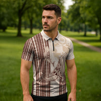 Swimming With Humpback Whales Season Tonga Zipper Polo Shirt Tongan Tofuaa Ngatu Pattern Brown LT14 - Polynesian Pride