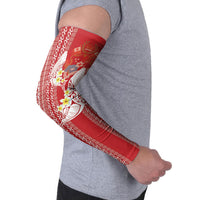 Swimming With Humpback Whales Season Tonga Arm Sleeves Tongan Tofuaa Ngatu Pattern Red LT14 - Polynesian Pride