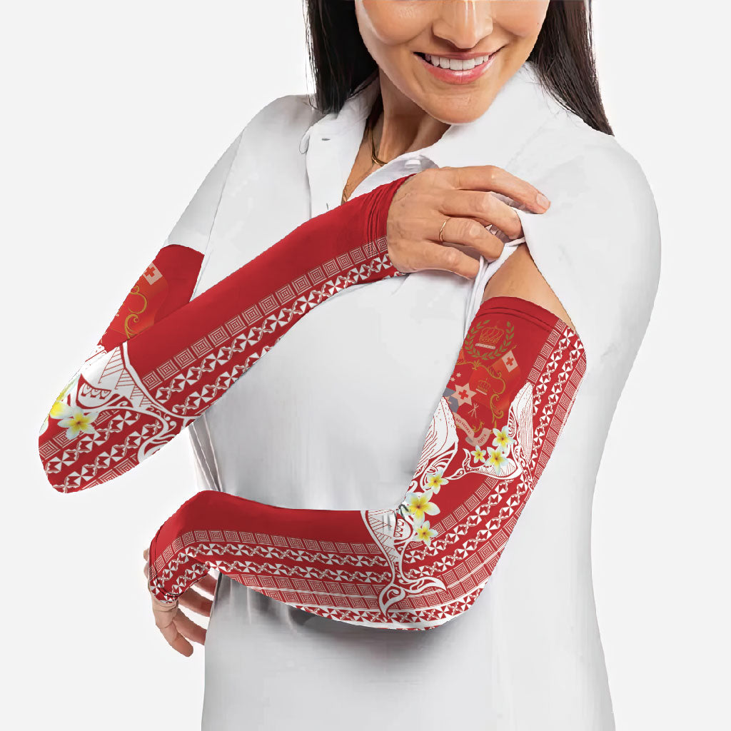 Swimming With Humpback Whales Season Tonga Arm Sleeves Tongan Tofuaa Ngatu Pattern Red LT14 - Polynesian Pride