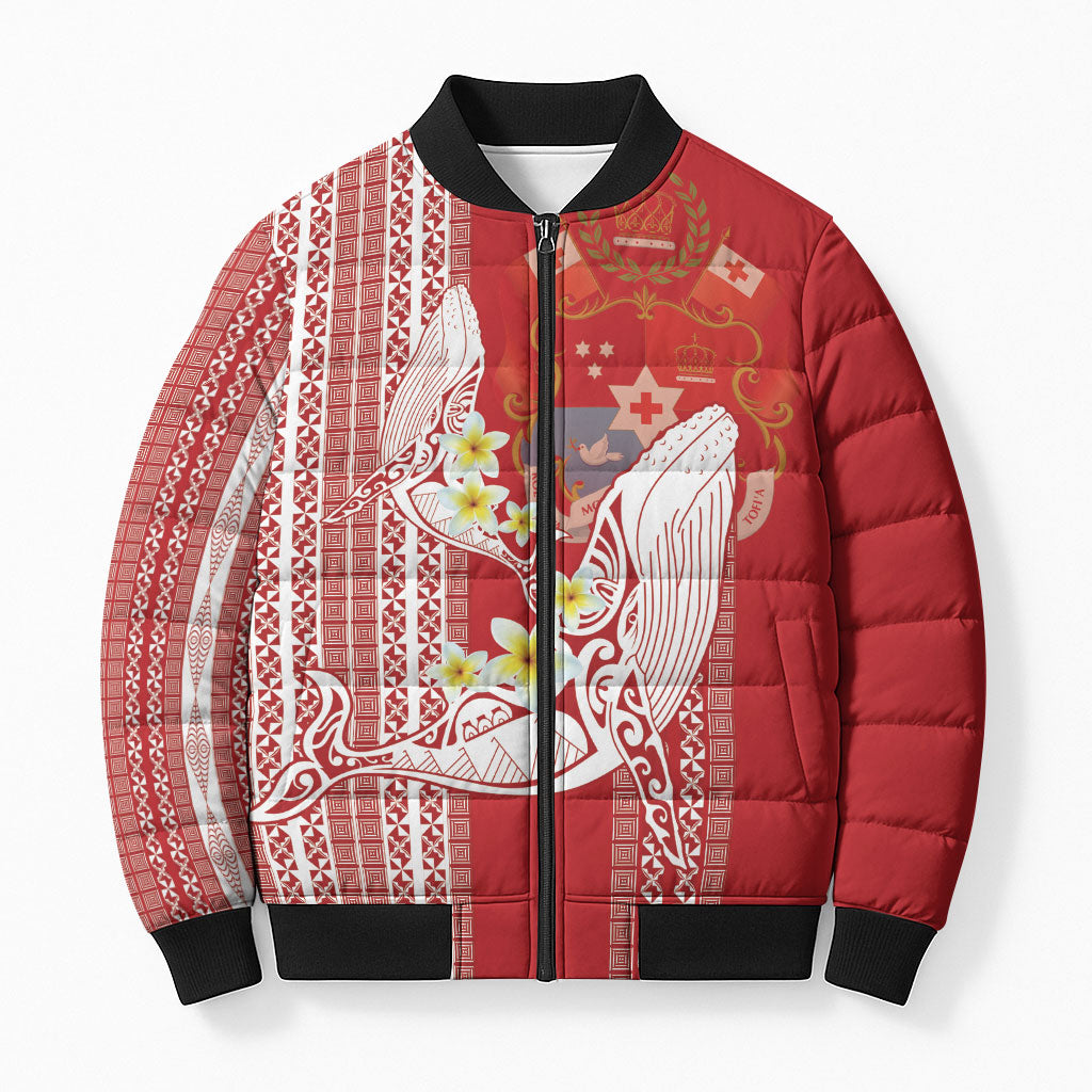 Swimming With Humpback Whales Season Tonga Bomber Puffer Jacket Tongan Tofuaa Ngatu Pattern Red LT14 Unisex Red - Polynesian Pride
