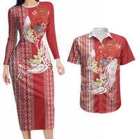 Swimming With Humpback Whales Season Tonga Couples Matching Long Sleeve Bodycon Dress and Hawaiian Shirt Tongan Tofuaa Ngatu Pattern Red LT14 Red - Polynesian Pride