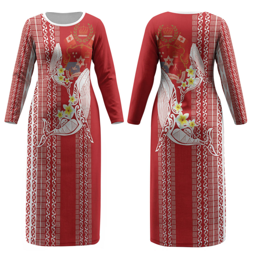 Swimming With Humpback Whales Season Tonga Couples Matching Long Sleeve Bodycon Dress and Hawaiian Shirt Tongan Tofuaa Ngatu Pattern Red LT14 - Polynesian Pride