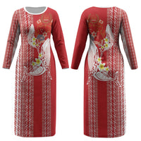 Swimming With Humpback Whales Season Tonga Couples Matching Long Sleeve Bodycon Dress and Hawaiian Shirt Tongan Tofuaa Ngatu Pattern Red LT14 - Polynesian Pride