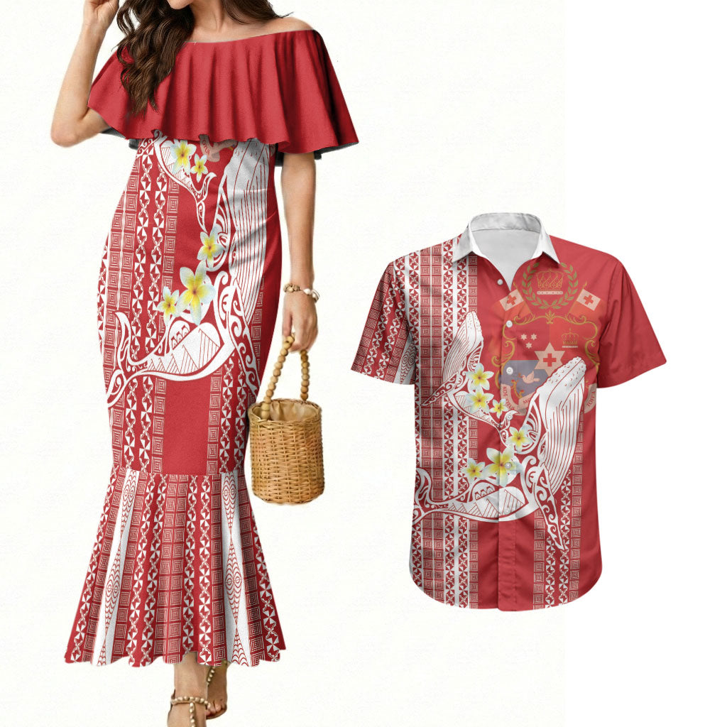 Swimming With Humpback Whales Season Tonga Couples Matching Mermaid Dress and Hawaiian Shirt Tongan Tofuaa Ngatu Pattern Red LT14 Red - Polynesian Pride