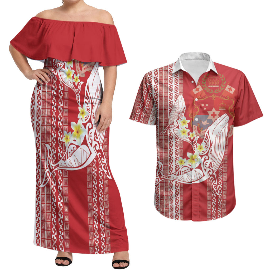 Swimming With Humpback Whales Season Tonga Couples Matching Off Shoulder Maxi Dress and Hawaiian Shirt Tongan Tofuaa Ngatu Pattern Red LT14 Red - Polynesian Pride