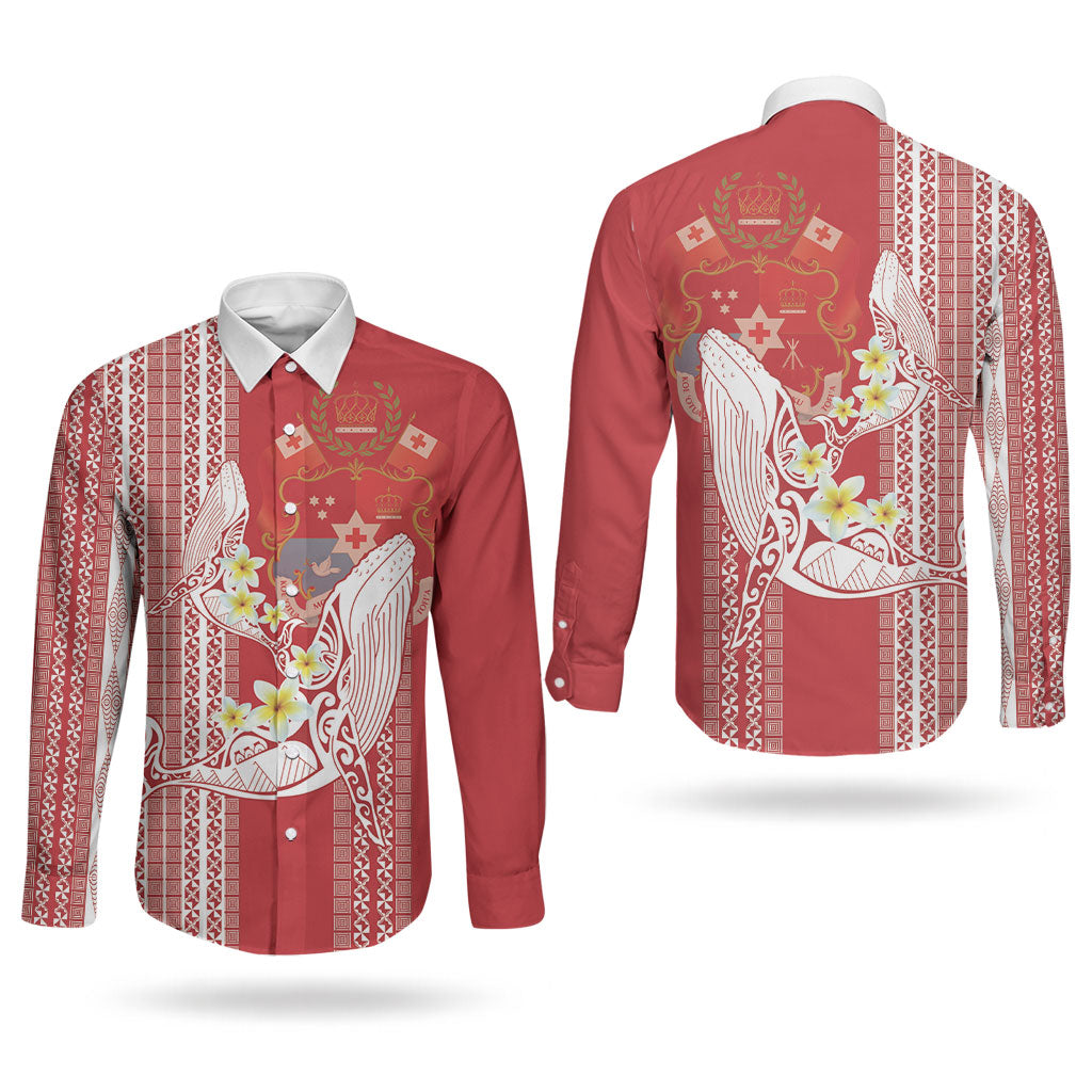 Swimming With Humpback Whales Season Tonga Couples Matching Off Shoulder Maxi Dress and Long Sleeve Button Shirt Tongan Tofuaa Ngatu Pattern Red LT14 - Polynesian Pride