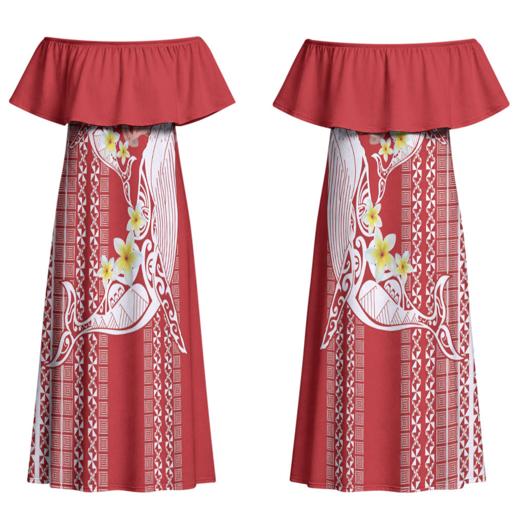 Swimming With Humpback Whales Season Tonga Couples Matching Off Shoulder Maxi Dress and Long Sleeve Button Shirt Tongan Tofuaa Ngatu Pattern Red LT14 - Polynesian Pride